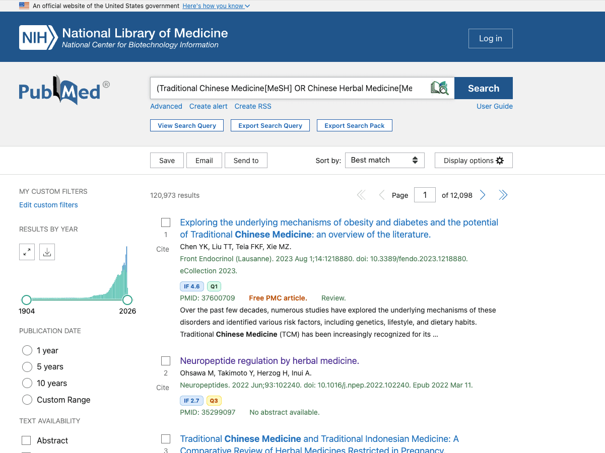 PubMed 结果页:搜索框里是带 MeSH 的检索式,结果上有影响因子和分区,并提供导出按钮